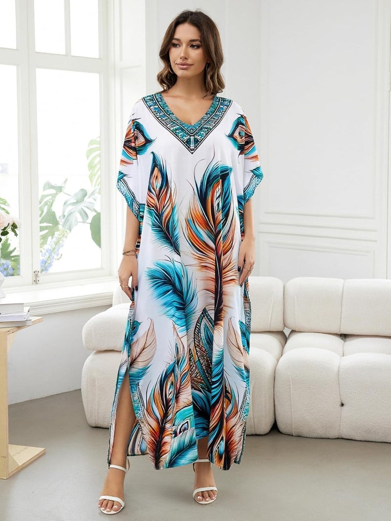 IMAGEKOPE Women's Plus Size Loose Fit Moroccan Print V-Neck Batwing Kaftan Beach Dress Bathing Suit Cover Up - Image 2